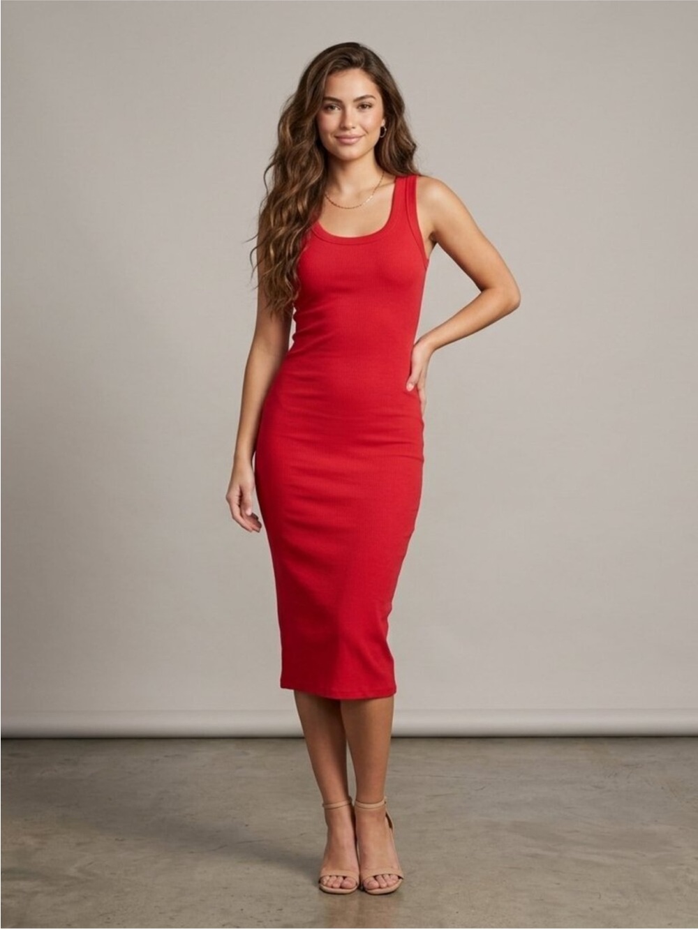 Everlane The '90s Rib Dress Red Organic Cotton Tank Midi Dress XXS Quiet Luxury